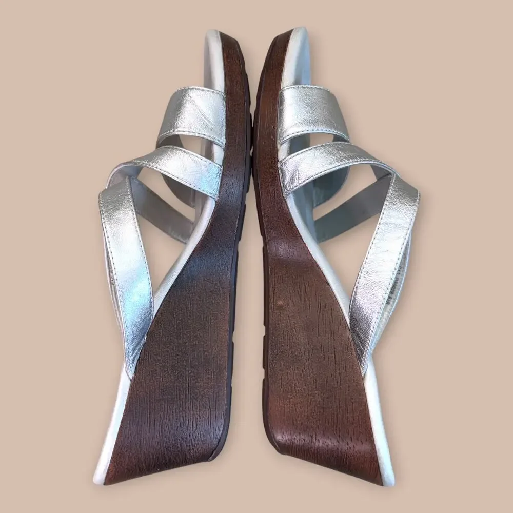 Cole Haan Nike Air Leather Wedge Thong Sandals Slip On Womens Size 6.5B Silver